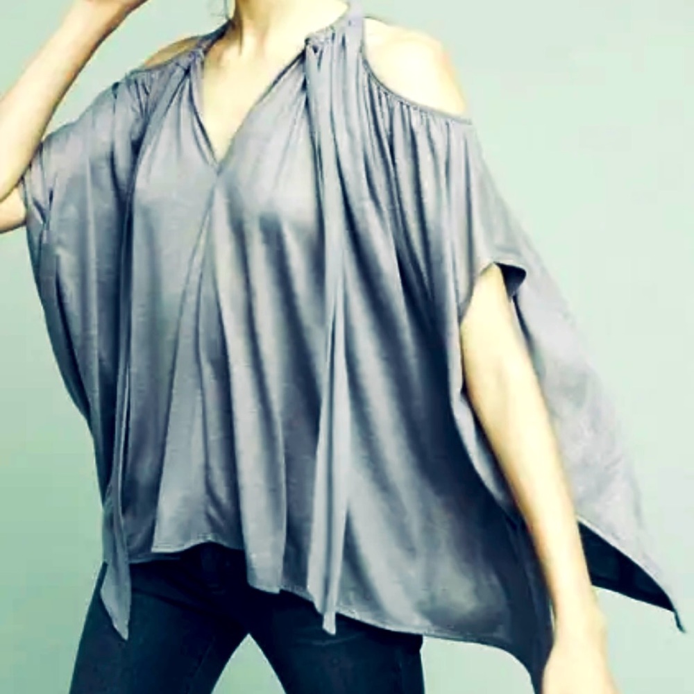Anthropologie Deletta Tulay Open Shoulder Top Silver Argent Gray Tie
